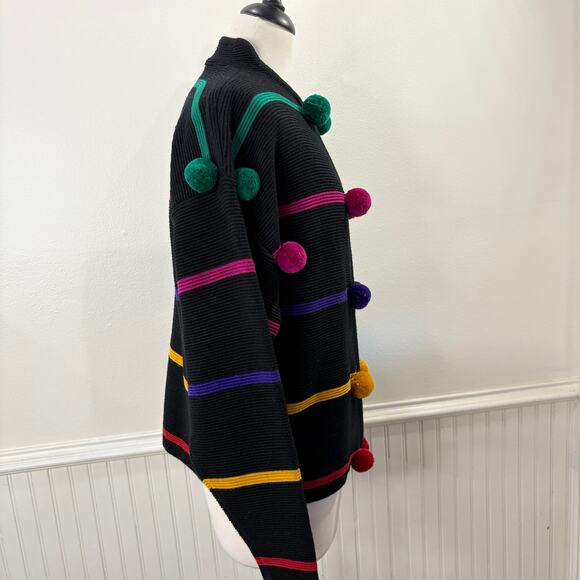 Vintage Doncaster Size M Cardigan Sweater 3D Pom Pom Boxy Wool Blend Rainbow - Picture 3 of 14